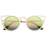 zeroUV - Womens Fashion Round Metal Cut-Out Flash Mirror Lens Cat Eye Sunglasses (Gold / Pink Green Mirror)