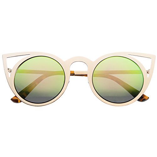 zeroUV Womens Fashion Round Metal Cut-Out Flash Mirror Lens Cat Eye Sunglasses (Gold/Pink Green Mirror)