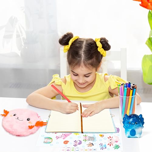 R HORSE 6PCS Axolotl Diary with Lock and Keys for Girls Axolotl Plush Secret Journal Diary Journaling Set for Writing Make Your Own Scrapbook with Crafts Idea Birthday Gifts for Teen Girls DIY Gifts - Image 4