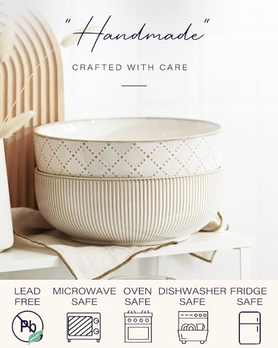 getstar Large Serving Bowls (9.5 inch & 92 fl oz), Ceramic Salad Bowl Set of 2, Microwave and Dishwasher Safe, Farmhouse Kitchen Decorative Bowls Set (Embossed Checks & Stripes) - Image 5