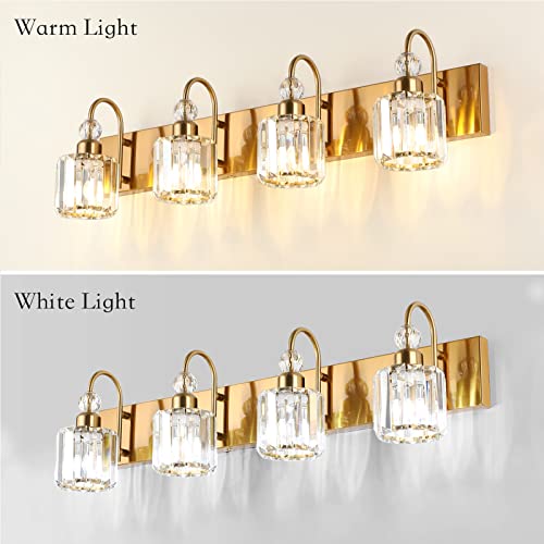 Image of Ralbay Brass Gold Vanity Lights 4-Lights Crystal Bathroom Lighting Fixtures Over Mirror Modern Wall Lighting for Bathroom