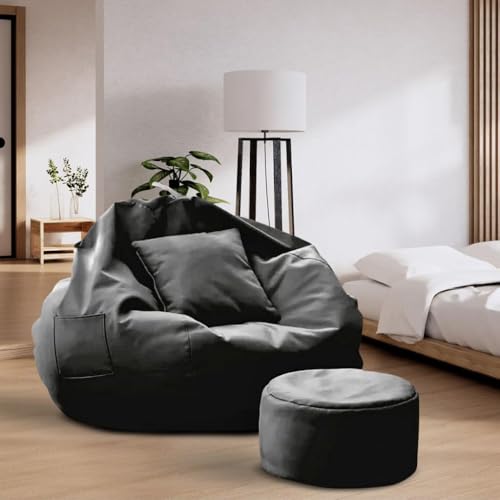 Image of IVIKA 5XL Bean Bag with Beans Filled | Gaming Chair | Premium Leatherette, Double Stitching | for Lounge & Bedroom | (5XL - Black)