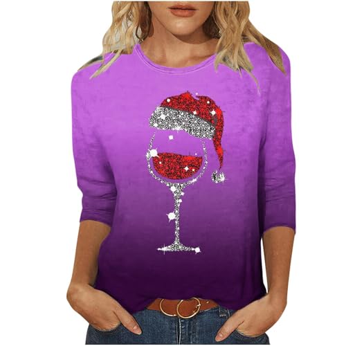 Pullover Suéter de Navidad de Cuello Redondo 3/4 Mangas Mujer Invierno Jersey Manga Larga Retro Sweater de Camisetas Casual Christmas Sweater Parejas para Otoño Invierno Copa de Vino Tinto