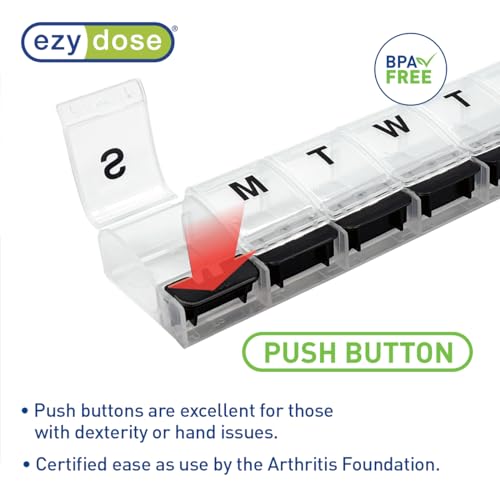 Image of Ezy Dose Weekly (7-Day) Pill Organizer, X-Large Medicine Case, Black /White | Daily Vitamin & Supplement Planner, Spacious Push-Button Compartments, Convenient & Easy to Use, Travel-Friendly, BPA-Free