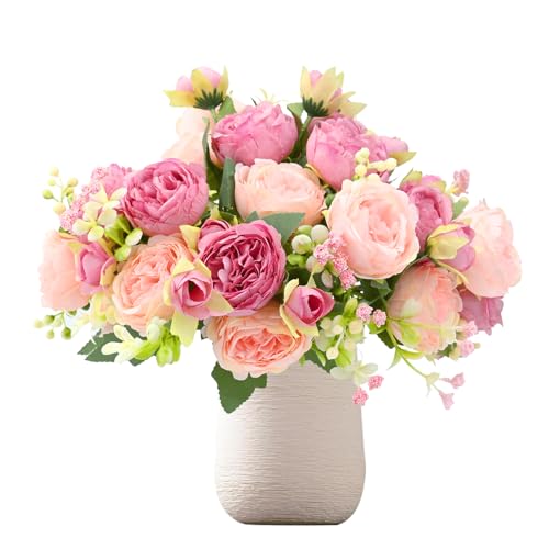4 ramos de peonías artificiales, flores de peonía de seda, decoraciones realistas de peonías, flores de seda realistas con tallos duraderos para decoración elegante del hogar, boda, recepción, centro