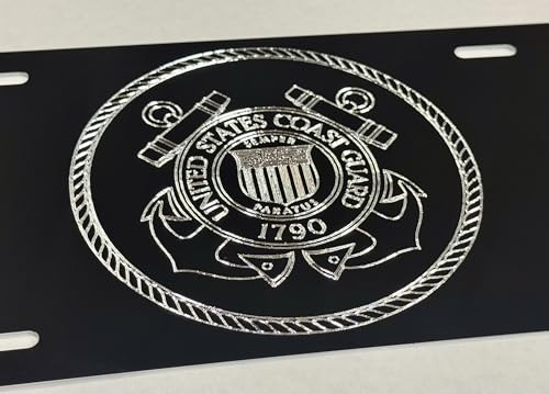 Engraved US Coast Guard Car Tag Diamond Etched Silver on Black Vanity License Plate