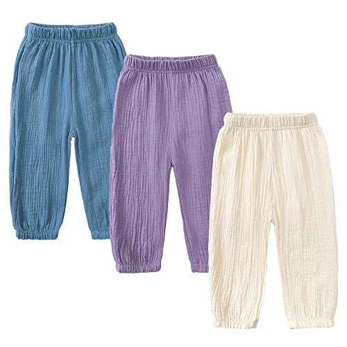 Image of Kids Tales 3 Pack Boys Girls Cotton Linen Pants Child Basic Plain Solid Trousers Big Kids Elastic Waist Long Pants Bloomers