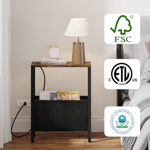 Vagusicc Narrow Side Tables with Charging Station, Set of 2, End Table with Storage Pouch for Small Spaces, Slim Nightstand with USB Ports & Outlet,Thin Sofa Bedside Table for Living Room/Bedroom