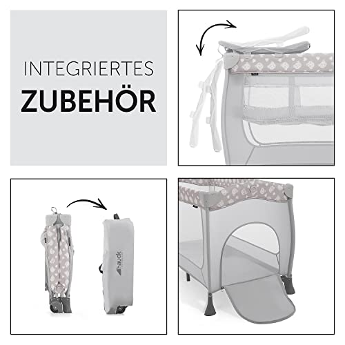 hauck Kinderreisebett Sleep N Play Center mit Neugeboreneneinhang, Wickelauflage, Tragetasche, Rollen, Schlupf, Klein Zusammenklappbar, Baby Reisebett Kleinkind ab Geburt bis 15 kg (Teddy Grey)