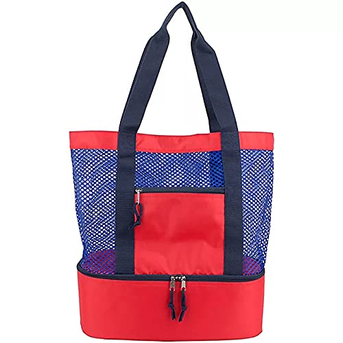YZJSSL Sac de Plage en Maille, Sac fourre-Tout de Camping fermé avec Fermeture éclair surdimensionnée, Compartiment réfrigérateur Pliable, pour activités de Plein air en Famille-Red
