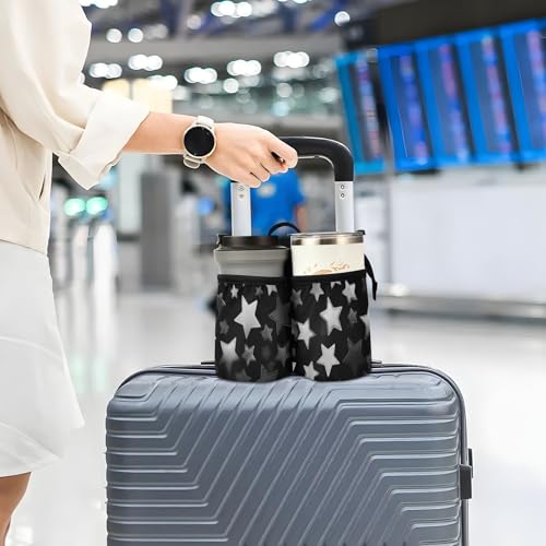 Image of Luggage Cup Holder for Suitcases Free Hands Suitcase Cup Holder Travel Luggage Drink Holder Portable Luggage Cup Caddy Bag Carrier with Handle Silver and Grey Stars