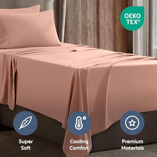 Image of Nestl Twin Bed Sheet Set - Peach - 3-Piece Deep Pocket | Instantly Soft, Night-One Ready (No Wash Required). Fits 16-Inch Deep Pockets, 360-Degree Elastic Grip