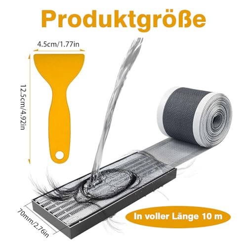 Abflusssieb Dusche 70mm x 10m, Selbstklebend Haarsieb mit Plastikspatel, Einweg Großes Mesh für Badewanne, Dusche und Küchenabfluss – Einfache Montage