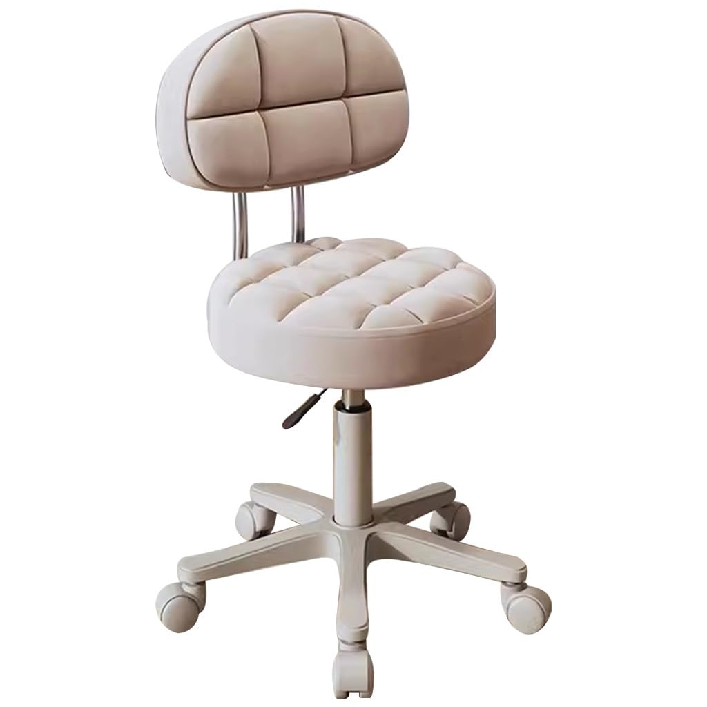 OZBMA Adjustable Barber Chair with Wheels - Swivel Makeup for Bedroom, Living Room & Vanity Stools Comfortable Backrest Desk Use (Beige W/Backrest)