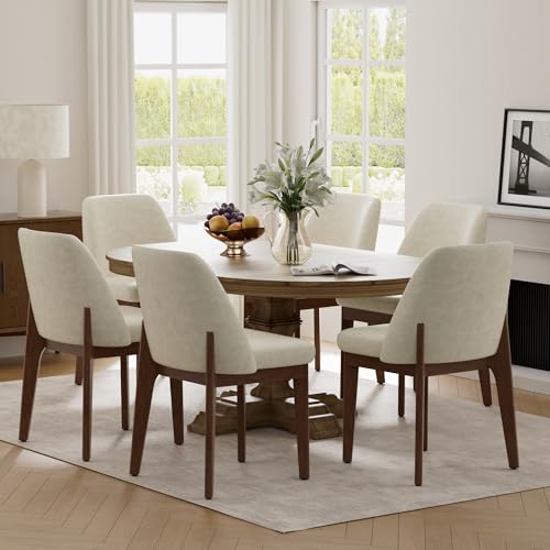 VKNOW Modern Dining Chairs, Faux Leather Kitchen Chairs with Wood Legs, Upholstered Side Chair for Kitchen Dining Room (Beige, Set of 6)
