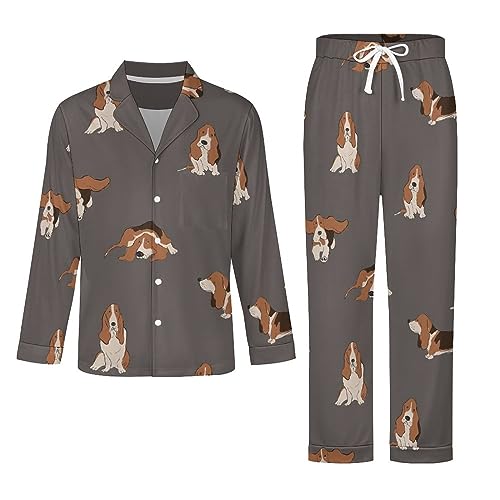 Basset Hound Dog Mens Pajamas Set Long Sleeve Button Down Top and Pants Sleepwear2