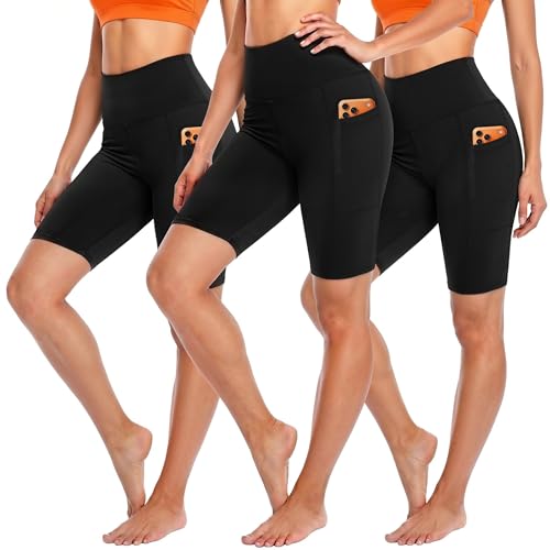 3 Pack Biker Shorts for Women – 8' Black High Waisted Tummy Control for Gym Workout Athletic Cheerleading Yoga