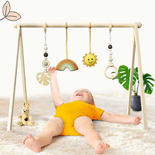 Image of Baby Meets Leaf | Premium Wooden Baby Play Gym – Baby Toys for Tummy Time Mat – Infant Activity Gym for Baby Play Mat | Natural Non Toxic Play Gym - Newborn Baby Gift Registry