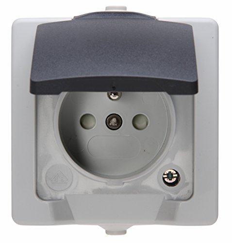 Kopp 107956008 Mitten-Schutzkontakt-Steckdose mit Deckel und erhöhtem Berührungsschutz AP-FR Nautic Grau, 1 Stück