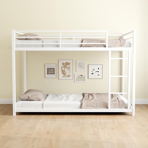 RITSU Metal Bunk Bed Twin Over Twin,Low Profile Bunk Bed Frame with Ladder & Full Length Guardrail,Heavy-Duty Floor Bed Bottom Bunk for Kids Teens,No Box Spring Needed