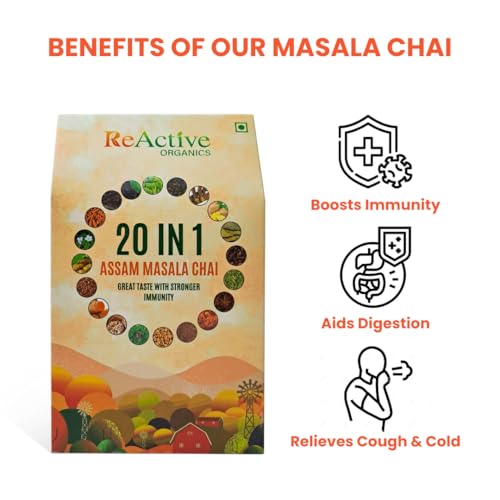 Image of ReActive Organics Ayurvedic Chai 200g | CTC-enriched Strong Kadak Assam Masala Chai | Made with 20 Natural Spices | Herbal Tea for Digestion & Immunity | Wellness Masala Tea