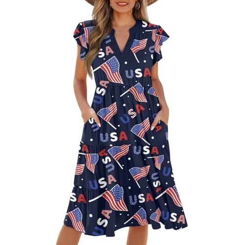 Image of Women's Casual Ruffle Sleeve Dress V Neck Pullover Dress Flowy A-Line Pleated Lightweight Dress with Pockets