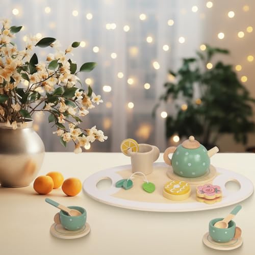 Wooden Tea Set for Little Girls, Play Food Pretend Play Kitchen Accessories for 3 4 5 Years Old Girls Boys, Toddler Princess Tea Time Party Food Toys (Afternoon Tea)