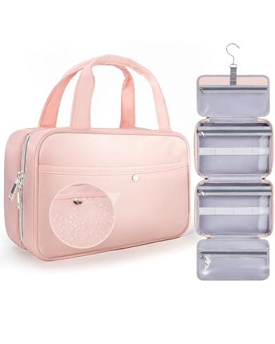 Chakipee Neceser de Via je Colgante para Mujer – Necessaire Impermeable con Ventana Transparente, Desplegable Compartimentos Bolsa de Aseo Ligera para Makeup, Champú y Artículos Rosa, Mediano