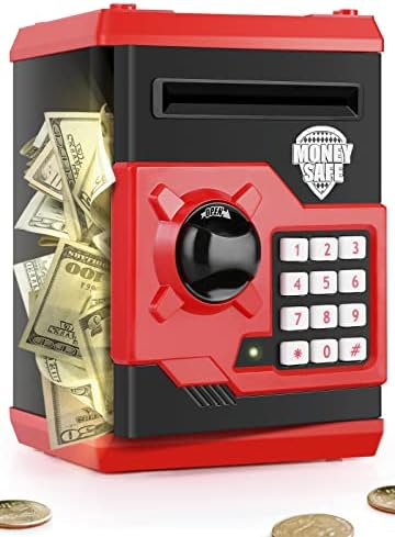 PLAYSHEEK Piggy Bank for Girls Boys Large Electronic Money Coin Banks with Password Protection, Automatic Paper Money Scroll Saving Box, Great Gift for Kids (Black-Red)
