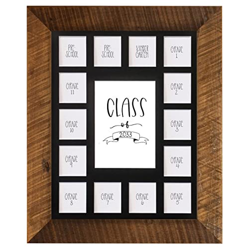 Image of Rustic Red Door Co. School Years Reclaimed Wood Picture Frame - 11x14 Wooden Framed 15 Photo Collage Mat Pre-School & Kindergarten to 12th Grade High School Graduation (Class of 2033, Black)
