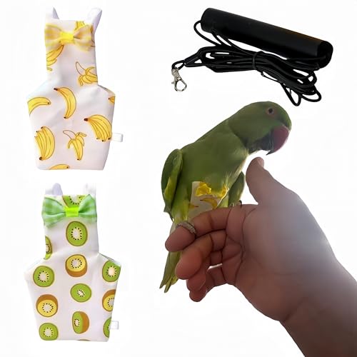 Magnoloran 2 Pcs Bird Diapers Bird Harness Flight Suits Diapers with 80 Inch Flying Leash Reusable Parrot Nappy with Waterproof Inner Layer for Cockatiel Budgie Conure Parakeet Lovebird-Kiwi&Banana