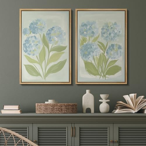SIGNFORD Framed Canvas Print Wall Art Set Soft Hydrangea Pair Light Blue Florals with Green Leaves Illustration Modern Art Decorative Nature for Living Room, Bedroom, Office - 24"x36"x2 Natural - 3