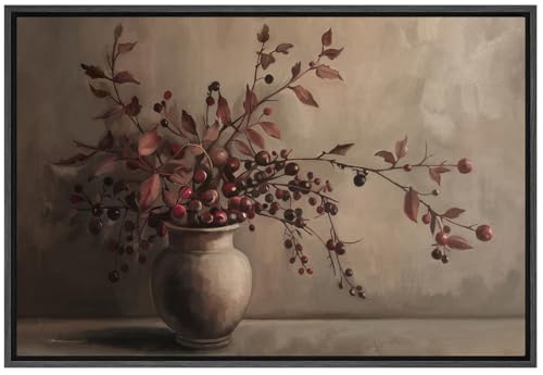 SIGNFORD Framed Canvas Print Wall Art Rustic Berries in Vase