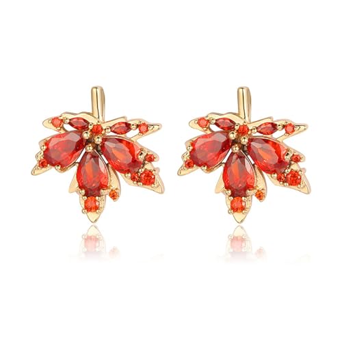 Maple Leaf Earrings for Women Elegant Handmade Fall Hot Red Orange Plant Leaves Earrings Sparkly Crystal CZ Studs Earrings for Autumn Thanksgiving Day Party Holiday Trendy Jewelry
