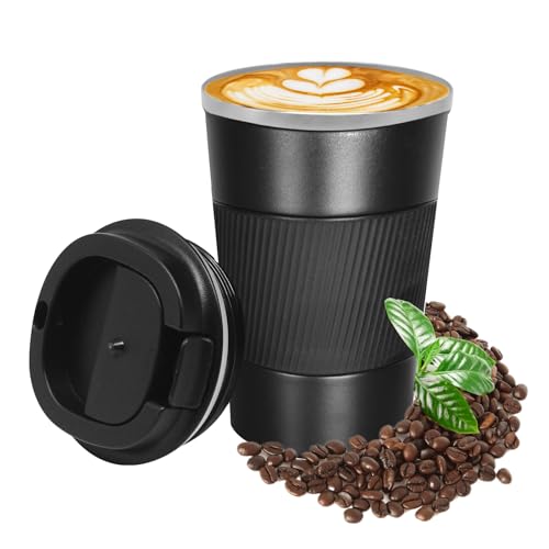 KUIRUNRX® Thermos Café, Mug Isotherme Cafe 380ML Noir, Tasse de Voiture avec Couvercle, Café Étanche Mug de Voyage pour Café Chaud et Froid, Lait et Thé, Garder au Chaud Jusqu'à 6 Heures