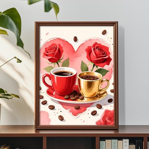 Image of AiYuanzsh Coffee Diamond Art Kits for Adults, Coffee Cups Roses Diamond Painting Kits for Beginners, 5D DIY Full Drill Round Rhinestone Gem Art Crafts Paintings for Home Wall Decor 12 inchx16 inch