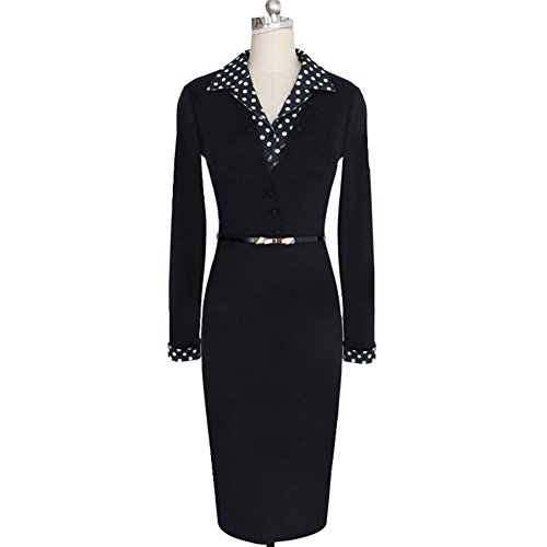 Lunajany Women's Polka Dot Long Sleeve Wear To Work Office Pencil Dress Large Black #TOP1