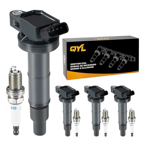 QYL Ignition Coil UF333 & Spark Plug 7092 BKR6EGP MIU12783 for Camry Matrix RAV4 Highlander Solara Vibe TC HS250h 2.4L 3.0L 3.3L l4 V6 (Set of 4)