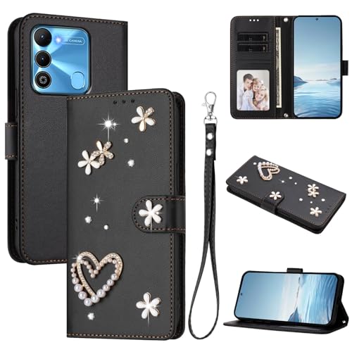 Jiajihua Case Compatible with Tecno Spark Go 2022,Compatible with Tecno Spark 9 4G / 8C 4G Lanyard【Card Holder Wallet Flip Cover Magnetic Buckle Kickstand】 Black