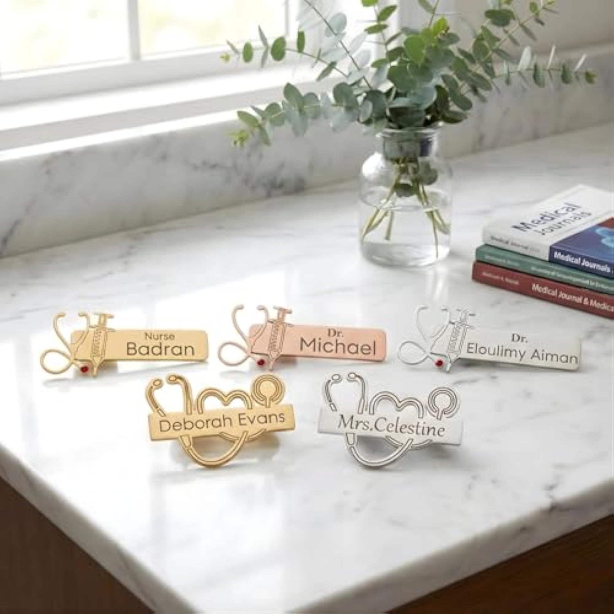 Personalised Nurse Name Brooch Pin with Stethoscope Design