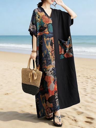 Image of Plus Size Summer Dress Printed V Neck Casual Loose Long Dresses with Pockets