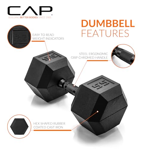 Image of CAP Rubber Coated Dumbbell Weights, Free Weights for Home Gym Strength Training, Anti-Roll Hex Dumbbells with Black, Chrome & Comfort Grip Handles, Singles