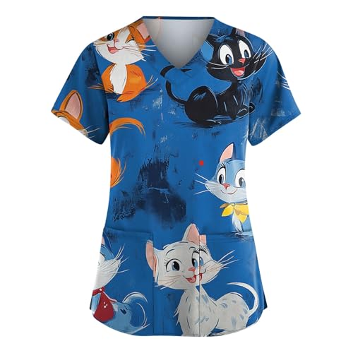 WHHFOOH Scrubs for Women Animal Print Tops Short Sleeve Cartoon Pattern V Neck Stretchy Nursing Uniform with Pockets 100 Cotton Scrubs for Women Womens Scrub Top Blue XL