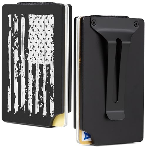 Image of Minimalist Carbon Fiber Wallet for Men, Money Clip Cash Strap Wallet, RFID Blocking Metal Wallet Aluminum Card Holder,Front Pocket Wallet-USA Flag