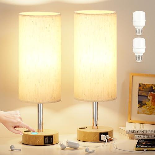 Fenmzee - Table Lamp for Bedroom Set of 2 - Touch 3 Way Dimmable Bedside Lamps with USB C and A Ports, Night Lamp for Nightstand with AC Outlet, Desk Lamps for Living Room, Reading Room, Kids Room, Office