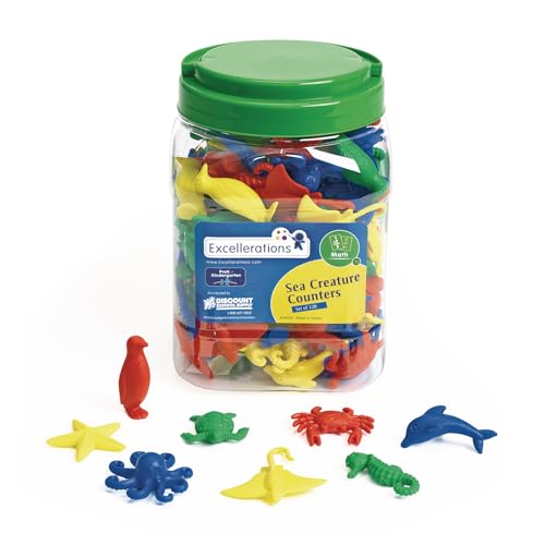 Excellerations Math Manipulatives Set of 128 Sea Creature Counters 1-1/2 inches -2 inches, STEM Educational Toys for Mathematics, Preschool