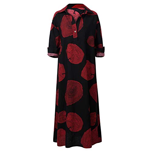 Vestido longo feminino de algodão vintage com anéis de árvore padrão gola virada para baixo manga co