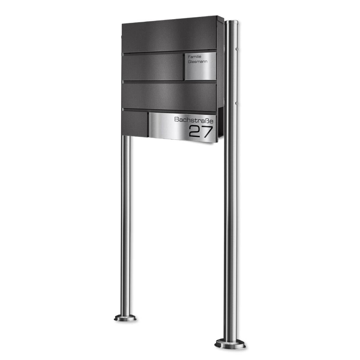 Metzler Standbriefkasten Modell G in Eisenglimmer mit Edelstahl-Namensschild & Ständer - Pulverbeschichtung DB 703 Feinstruktur Matt - Gravur - Größe 37 x 37 x 10,5 cm - Höhe 120 cm