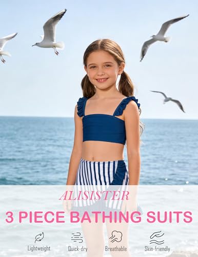 Image of ALISISTER Girls Swimsuit 3 Piece Bathing Suits Summer Bikini Tankini Sets with Cover Up Skirt for 4-12 Years