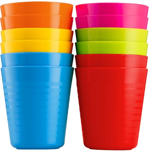 PLASKIDY Kids Plastic Cups Set of 12 Toddler Cups 8 Ounce Children Drinking Tumblers - Reusable Dishwasher Safe BPA Free